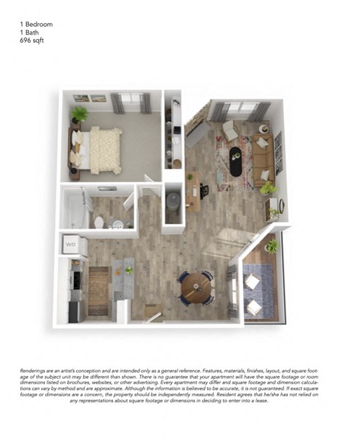 Floor plan for 1 bed, 1 bath, 696 sqft